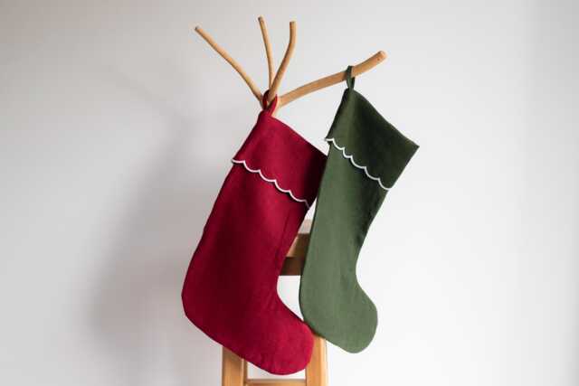 Linen Christmas Stocking - Red & Green With Scalloped Edge - image 1