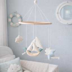 Marina Baby Mobile For Playroom, Baby Nursery Decor, Hanging Mobile, Shower & Kids Decor, Coast, Seagull, Sea, Boat, Neutral, Felt, Handmade - thumbnail 3