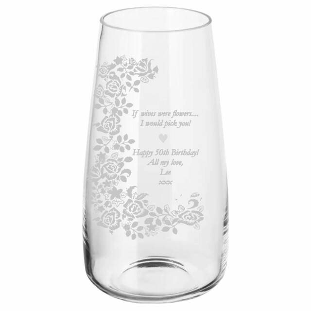 Personalised Rose Vase 30cm Clear Crystal Glass Vase With Rose Frieze Design & Your Message - image 1