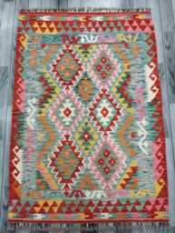 Multicolour Rug, Handmade Artisan Afghan Turkish Scandinavian Navajo Bohemian Flatweave Wool Kilim 144x100 cm - thumbnail 1