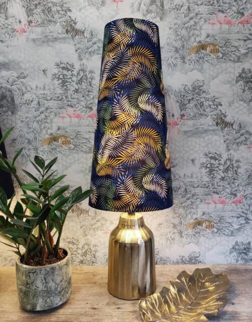 Navy Botanical Leaves Extra Tall Cone Lampshade, Conical Fat Lamp Shade - image 1