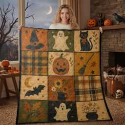 Autumn Patchwork Style Halloween Quilt Blanket Pumpkin Ghost Cat Bat Throw - thumbnail 2