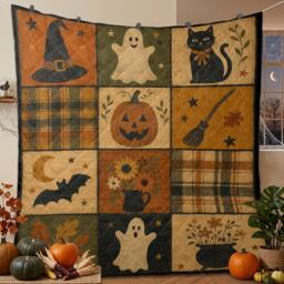 Autumn Patchwork Style Halloween Quilt Blanket Pumpkin Ghost Cat Bat Throw - thumbnail 1