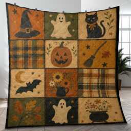 Autumn Patchwork Style Halloween Quilt Blanket Pumpkin Ghost Cat Bat Throw - thumbnail 4