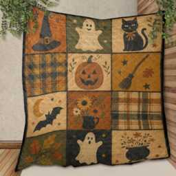 Autumn Patchwork Style Halloween Quilt Blanket Pumpkin Ghost Cat Bat Throw - thumbnail 3