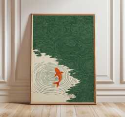 Koi Fish Wall Art, Japanese Ripple Illustration, Minimal Green & Orange Print, Zen Water Poster - thumbnail 1