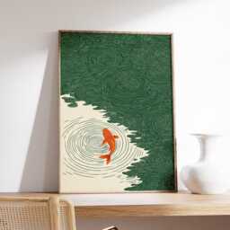 Koi Fish Wall Art, Japanese Ripple Illustration, Minimal Green & Orange Print, Zen Water Poster - thumbnail 2