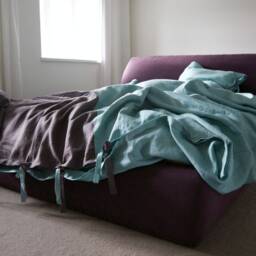 Aqua & Charcoal Linen Bedding Set Stone Washed Duvet Cover + 2 Pillowcases - thumbnail 2