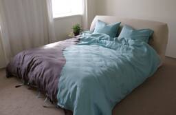 Aqua & Charcoal Linen Bedding Set Stone Washed Duvet Cover + 2 Pillowcases