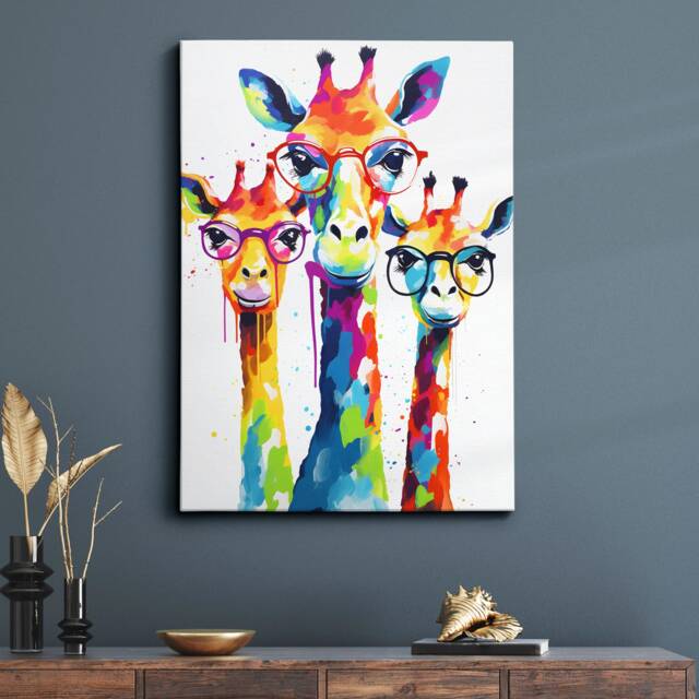 Colorful Giraffe Group Glasses Abstract Oil Painting Style Wall Art, Framed Canvas Poster Print, Home Kitchen Office Room Decor, Gifts - image 1
