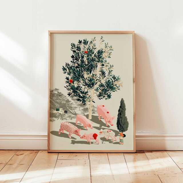 Charming Farm Animal Wall Art - Illustrated Pigs Under Tree Print, Whimsical Country Decor, Rural Nature Poster - Unframed - image 1
