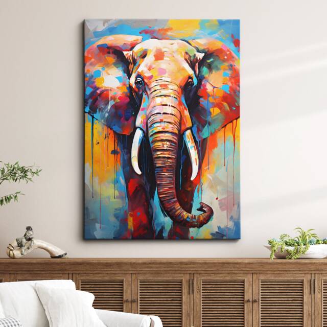Elephant Animal Abstract Oil Painting Colourful Paint Splatter Style Wall Art Framed Canvas Poster Print, Home/Office Room Decor Gifts - image 1