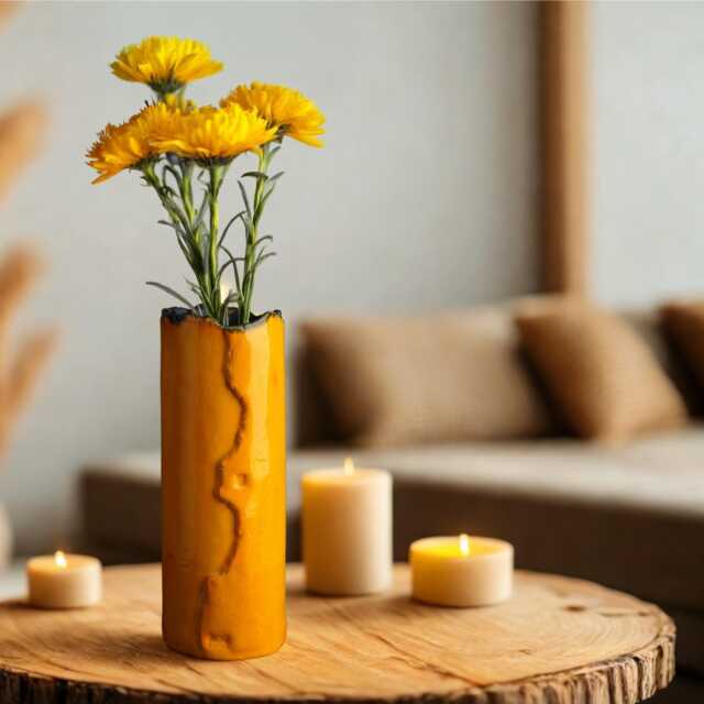 Handmade Ceramic Flower Vase, Home Decor, Yellow Stoneware Abstract Unique Housewarming Gift, Art Deco - image 1