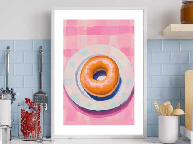 Gingham Donut - Wall Print Abstract Pink Glazed Donuts Kitchen Sweet Cafe Gift Idea Bespoke Poster A5 A4 A3 Framed Or Unframed - image 1