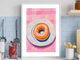 Gingham Donut - Wall Print Abstract Pink Glazed Donuts Kitchen Sweet Cafe Gift Idea Bespoke Poster A5 A4 A3 Framed Or Unframed - thumbnail 1