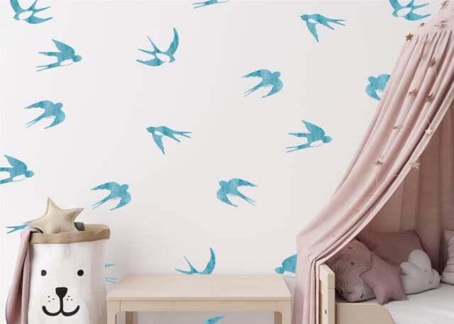 Watercolor Bird Wall Decals Blue Swallow Stickers, Nursery Decor - Set Of 18 - image 1
