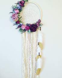 Floral Dreamcatcher, Boho Wall Hanging, Purple Flower Decor - thumbnail 1