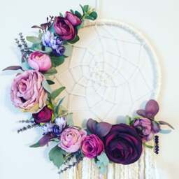 Floral Dreamcatcher, Boho Wall Hanging, Purple Flower Decor - thumbnail 2