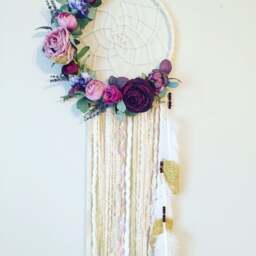Floral Dreamcatcher, Boho Wall Hanging, Purple Flower Decor - thumbnail 3