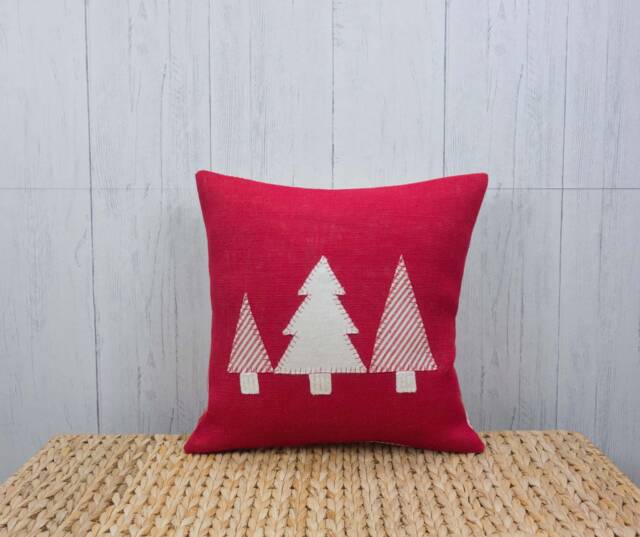 Organic Christmas Tree Throw Pillow Red Burlap Holiday Decor - 16x16In - image 1