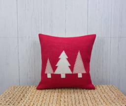 Organic Christmas Tree Throw Pillow Red Burlap Holiday Decor - 16x16In - thumbnail 1