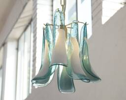 Large Pendant Lamps Petali ??32 cm Made in Italy Murano Teal Blue Glass, Vintage Style Chandelier Lighting