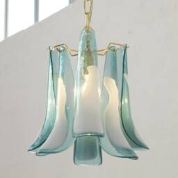 Large Pendant Lamps Petali ??32 cm Made in Italy Murano Teal Blue Glass, Vintage Style Chandelier Lighting - thumbnail 3