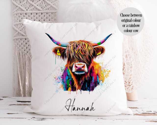 Highland Cow Cushion, Pillow, Cow, Gift, Scottish Lover, Gift For Mum, Her, Rainbow - image 1