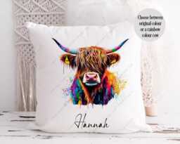 Highland Cow Cushion, Pillow, Cow, Gift, Scottish Lover, Gift For Mum, Her, Rainbow