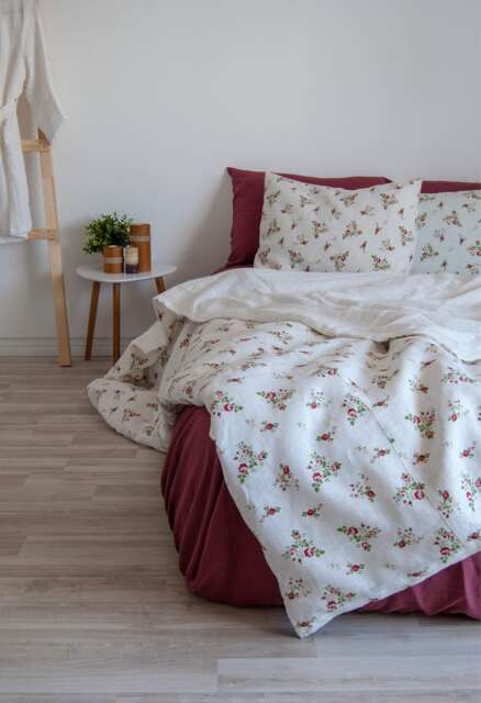 Floral Linen Duvet Cover - Romantic Color Block Bedding With Ribbons - image 1