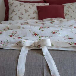 Floral Linen Duvet Cover - Romantic Color Block Bedding With Ribbons - thumbnail 3