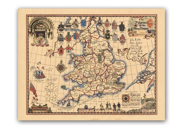 The Pilgrims Of The Mayflower- Old Map England & Holland- Vintage Poster- Wall Print- Ancient - image 1