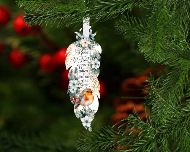 Christmas Memorial Feather, Feather Decoration, Memorial, Remembrance & Robins Appear. Robin - image 1