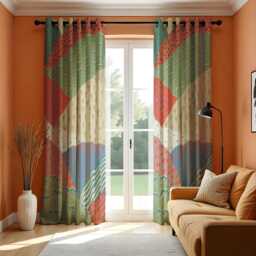 Colorful Patchwork Eyelet Curtains, Boho Chic Window Drapes, Abstract Geometric Room Decor, Living Or Bedroom Custom Length Curtains
