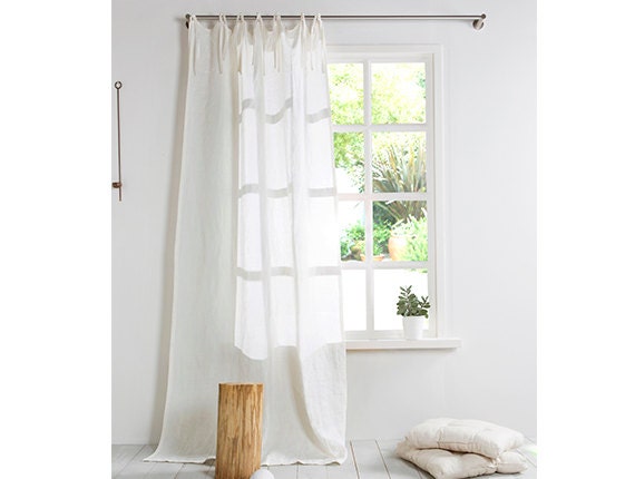White Linen Curtain Panel - Extra Large With Ties- Washed Panels-Window Treatments - image 1