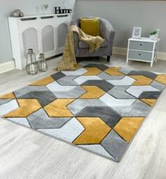 New Small Large Ochre Silver Grey Puzzle Design Area Rugs Mats - thumbnail 3