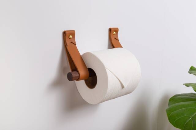 Leather Toilet Paper Holder Kit With Wood Dowel Walnut Or Birch Simple Loo Roll Holder Minimalist Leather Strap Hooks Rustic Bathroom Decor - image 1