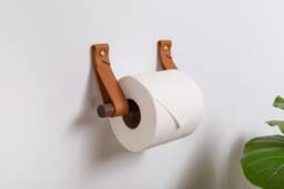 Leather Toilet Paper Holder Kit With Wood Dowel Walnut Or Birch Simple Loo Roll Holder Minimalist Leather Strap Hooks Rustic Bathroom Decor