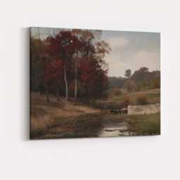 Autumn Countryside Stream With Horses Landscape Oil Painting Canvas Wall Art Print Decor Picture Ready To Hang - thumbnail 4