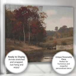 Autumn Countryside Stream With Horses Landscape Oil Painting Canvas Wall Art Print Decor Picture Ready To Hang - thumbnail 3