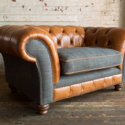 Rustic Tan Leather Dark Grey Wool Snuggle Chesterfield Chair, British Handmade - thumbnail 2