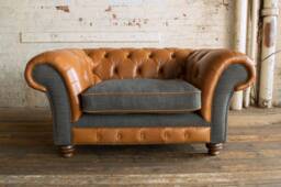 Rustic Tan Leather Dark Grey Wool Snuggle Chesterfield Chair, British Handmade