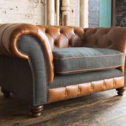 Rustic Tan Leather Dark Grey Wool Snuggle Chesterfield Chair, British Handmade - thumbnail 3