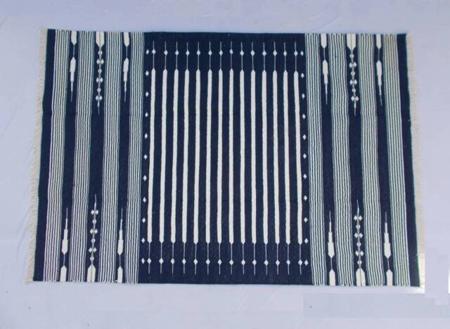 4x6 Royal Navy Blue & White Stripes Cotton Rug Dhurrie - Dark Colour - image 1