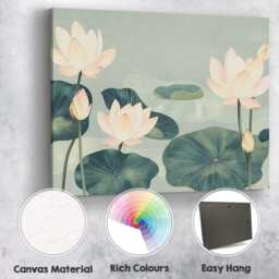 Serene Sage Green Lotus Garden Oriental Botanical Artwork Canvas Wall Art Print Decor Picture Ready To Hang - thumbnail 2