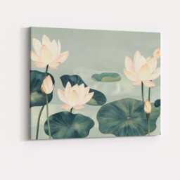 Serene Sage Green Lotus Garden Oriental Botanical Artwork Canvas Wall Art Print Decor Picture Ready To Hang - thumbnail 4