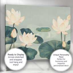 Serene Sage Green Lotus Garden Oriental Botanical Artwork Canvas Wall Art Print Decor Picture Ready To Hang - thumbnail 3