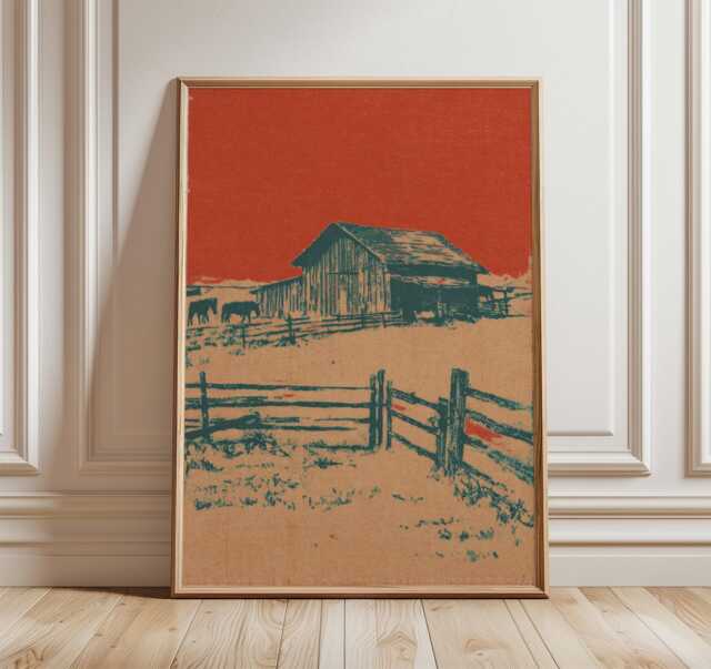 Rustic Barn Landscape Poster, Western Country Art Print - image 1