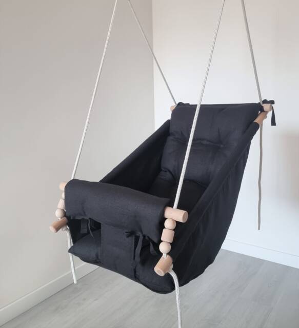 Black Linen Baby Swing, Handmade Indoor Hammock With Cushion - image 1