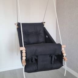 Black Linen Baby Swing, Handmade Indoor Hammock With Cushion - thumbnail 3